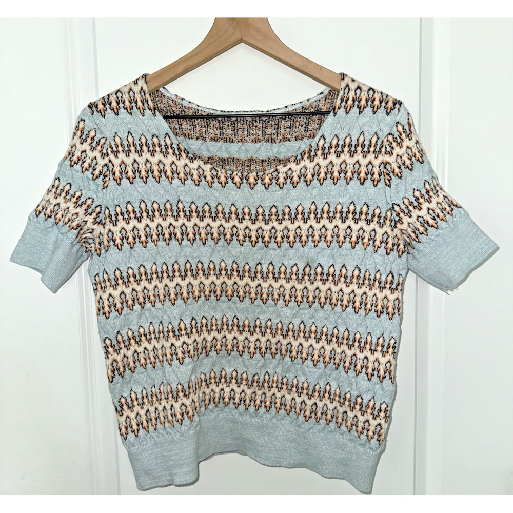 Carven Women Size Medium Zig Zag Jacquard Wool‎ Blend S/S Sweater Blue Multi